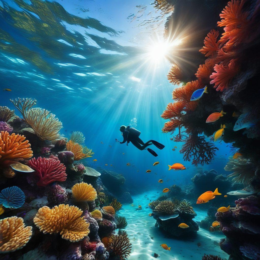 A colorful underwater scene filled with vibrant coral reefs and diverse marine life, symbolizing personal growth and wellness. Include a silhouette of a person diving gracefully through the water, embodying exploration and transformation. Sunlight filtering through the water creates a peaceful, inspiring atmosphere. super-realistic. vibrant colors. serene background.