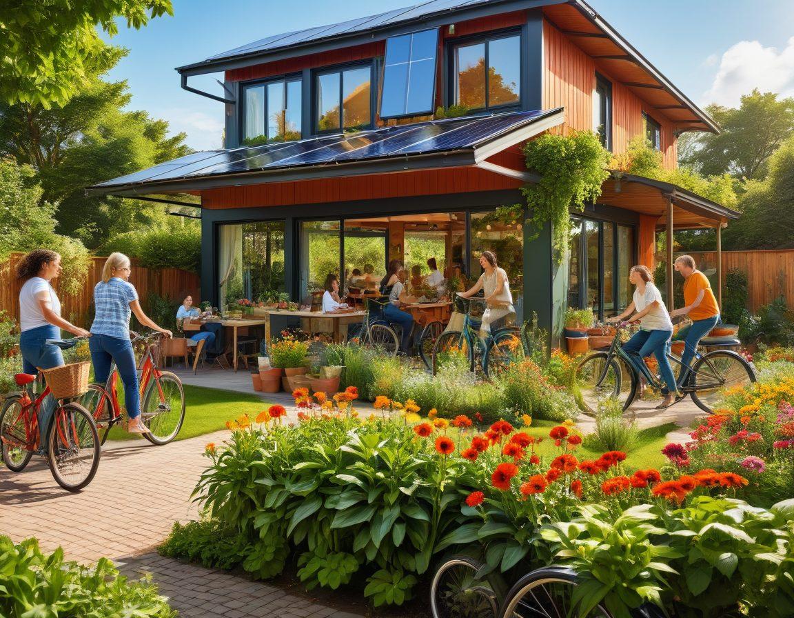 A diverse group of people engaged in various sustainable activities such as gardening, recycling, and cooking with fresh ingredients, surrounded by lush greenery and vibrant flowers. Incorporate elements like solar panels and bicycles to emphasize eco-friendliness. Capture a warm, inviting atmosphere to reflect a sense of community and vibrant lifestyle choices. Bright colors, natural light. super-realistic. vibrant colors.