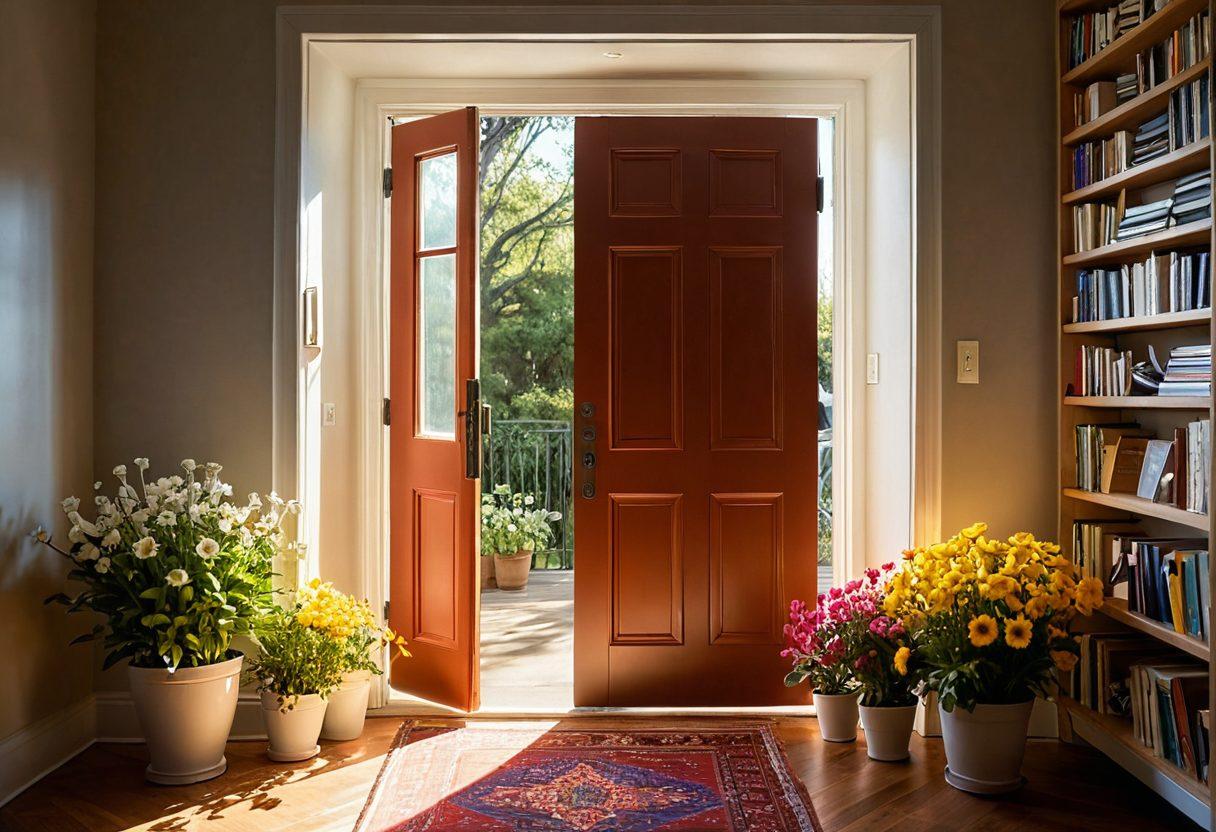 An open door symbolizing new opportunities, surrounded by vibrant flowers and sunlight streaming in, with a person joyfully stepping forward. Incorporate elements like books and wellness items representing tips and resources, all radiating positivity and energy. super-realistic. vibrant colors. atmospheric lighting.